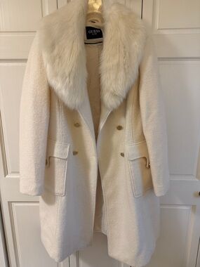 GUESS Ivory Double-Breasted Pea Coat with Faux Fur Collar
